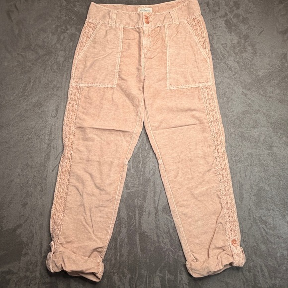 Sundance Pants - Sundance Linen Cotton Pants Womens 8 Pink Lace Trim Cropped Tapered Boho Patch